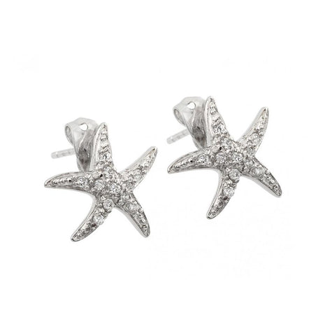 .925 Sterling Silver Rhodium Plated Starfish Cz Inlay Stud Earring