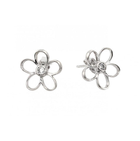 .925 Sterling Silver Rhodium Plated Open Flower Center Cz Stud Earring