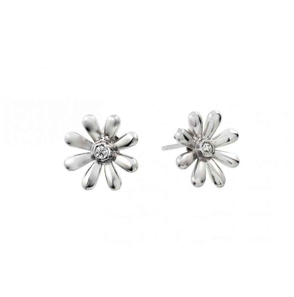 .925 Sterling Silver Rhodium Plated Flower Cz Stud Earring