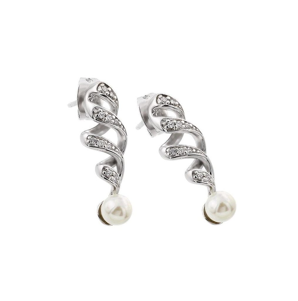 .925 Sterling Silver Rhodium Plated Clear Cz Pearl Twist Dangling Stud Earring