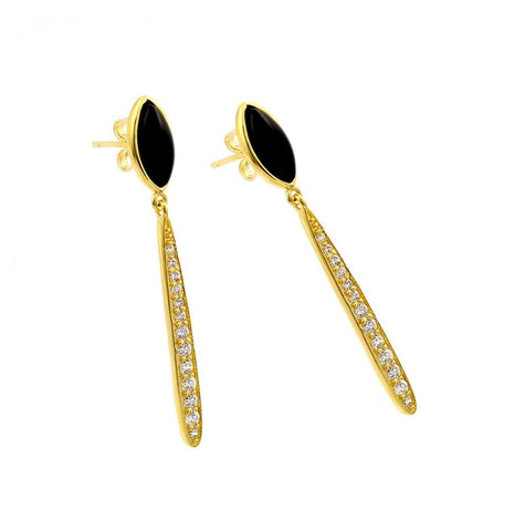 .925 Sterling Silver Gold Plated Black Marquise Stretched Oval Cz Dangling Stud Earring