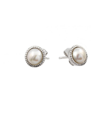 .925 Sterling Silver Rhodium Plated Round Cz Inlay Center Fresh Water Pearl Stud Earring