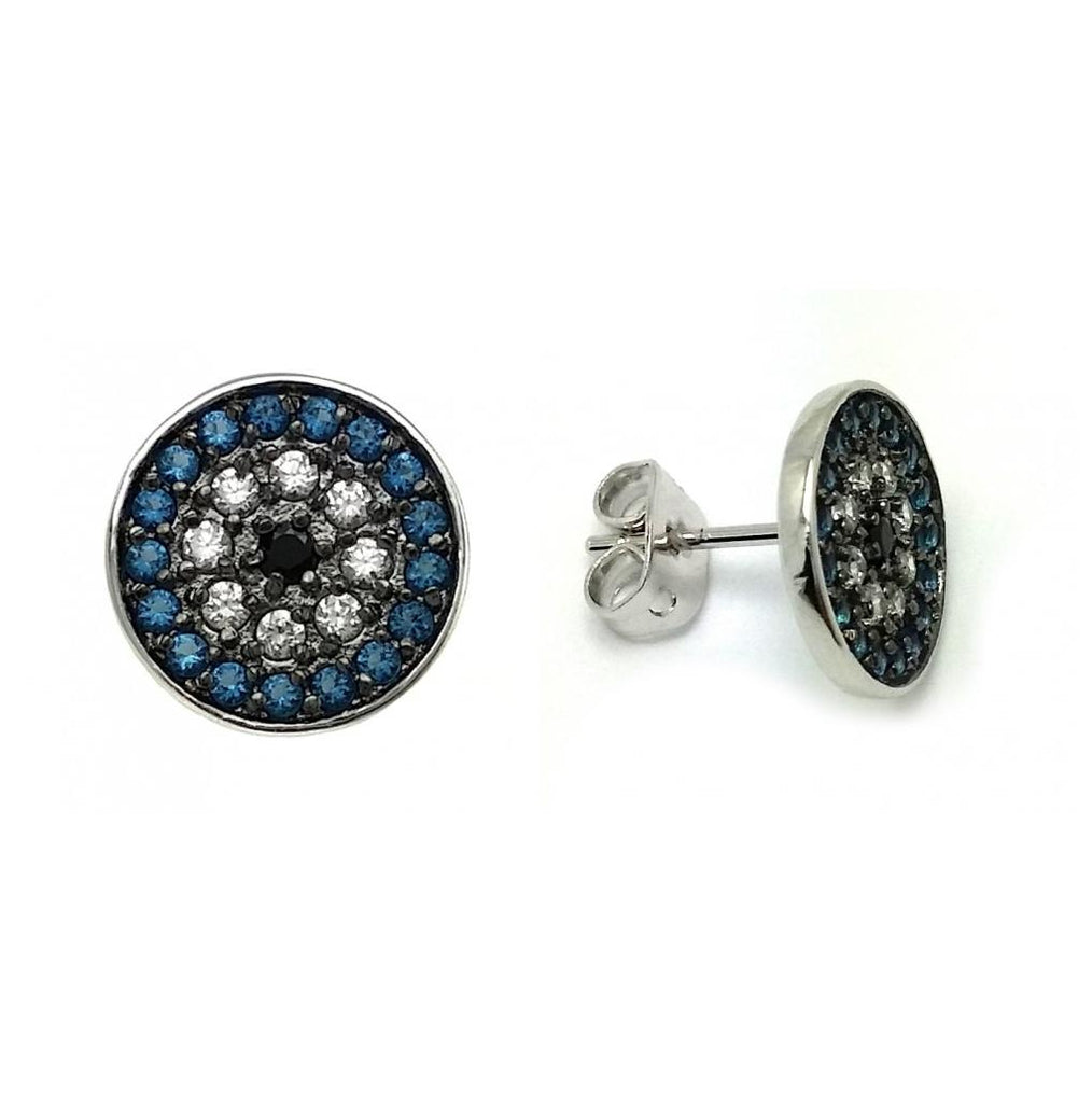 .925 Sterling Silver Rhodium Plated Blue & Black & Clear Cz Inlay Stud Earring