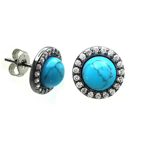 .925 Sterling Silver Black Rhodium Plated Round Clear Cz Turquoise Center Stud Earring