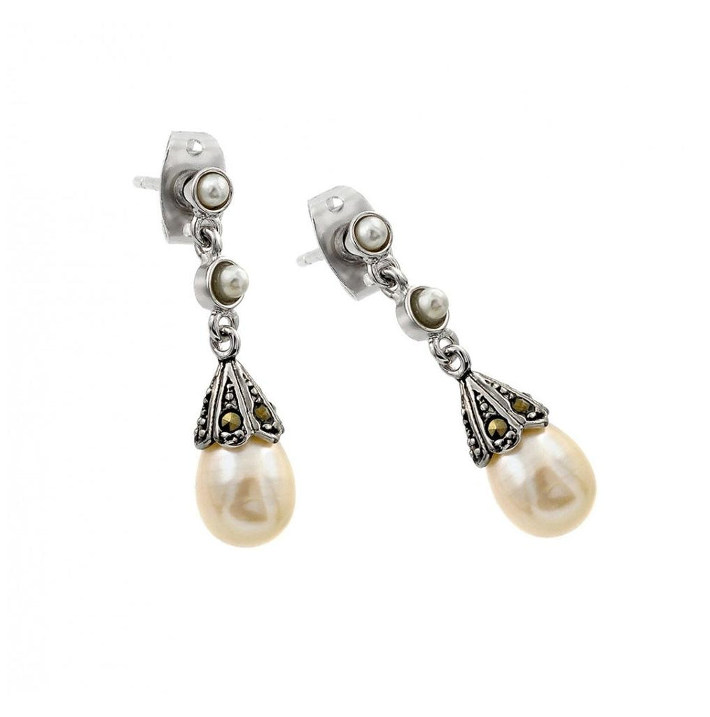 .925 Sterling Silver Black Rhodium Plated Two Round Cz Hanging Fresh Water Pearl Stud Earring