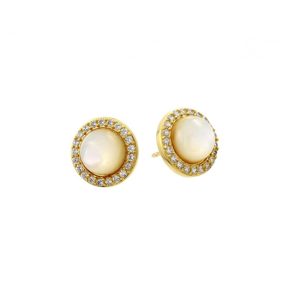 .925 Sterling Silver Gold Plated Round Cz Outline Center Pearl Stud Earring