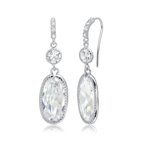 .925 Sterling Silver Rhodium Plated Hanging Oval Cz Earrings