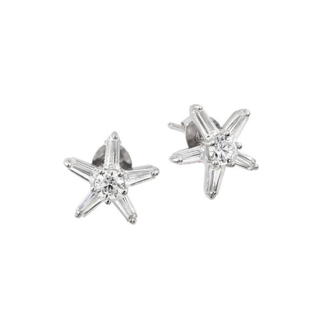 .925 Sterling Silver Rhodium Plated Clear Round & Baguette Cz Star Earring