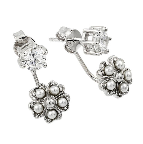 .925 Sterling Silver Rhodium Plated Floral Earring With Cz And Pearl Accents