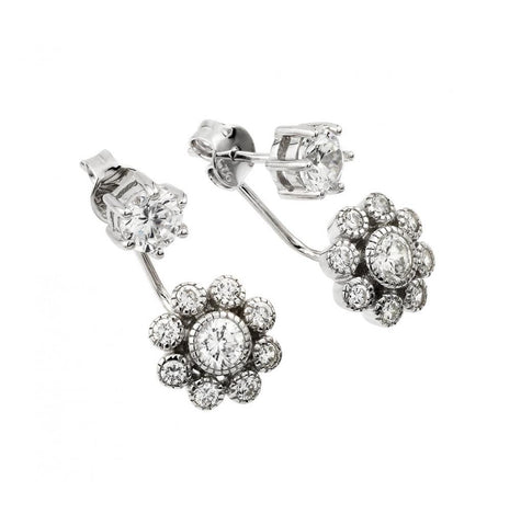 .925 Sterling Silver Rhodium Plated Dangling Cz Cluster Earring