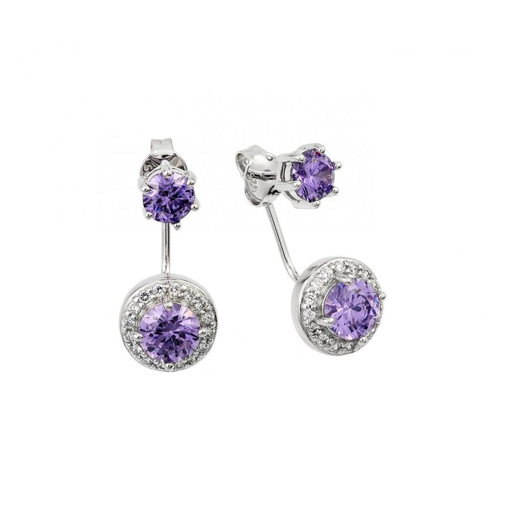 .925 Sterling Silver Rhodium Plated Purple Cz Cluster Earrings