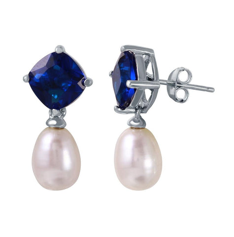 .925 Sterling Silver Rhodium Plated Round Blue Cz Dangling Fresh Water Pearl Earrings