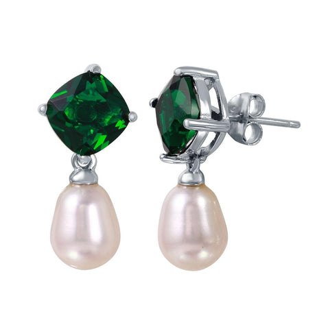 .925 Sterling Silver Rhodium Plated Round Green Cz Dangling Fresh Water Pearl Earrings