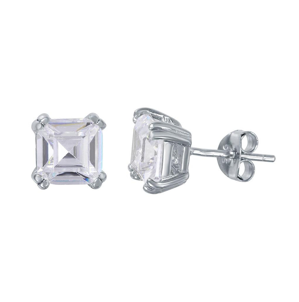 .925 Sterling Silver Rhodium Plated Square Cz Solitaire Stud Earrings