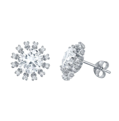 .925 Sterling Silver Rhodium Plated Round Cz Radial Stud Earrings