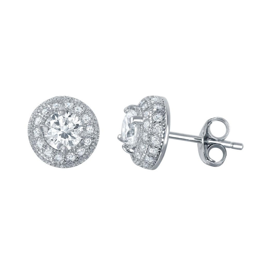 .925 Sterling Silver Rhodium Plated Round Clear Cz Dome Stud Earrings