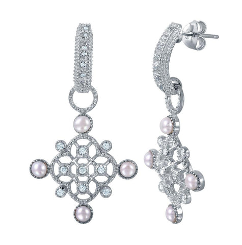 .925 Sterling Silver Rhodium Plated Ornate Cz Dangling Earrings With Synthetic Pearl Accents