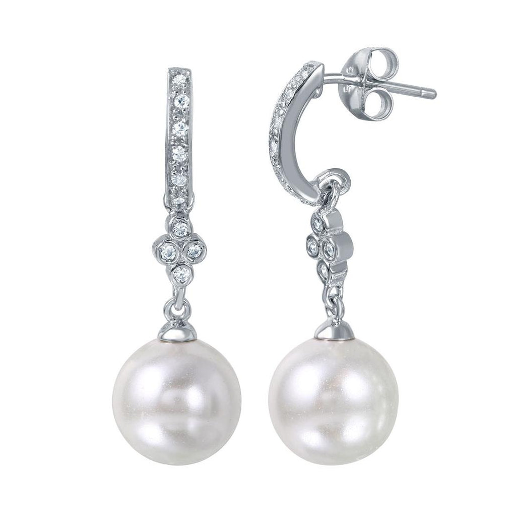 .925 Sterling Silver Rhodium Plated White Cz Synthetic Pearl Dangling Earrings