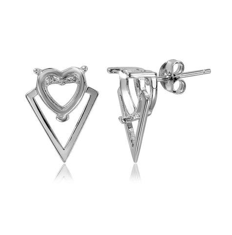 .925 Sterling Silver Rhodium Plated Personalized Trangle Shape Heart Mounting Earrings