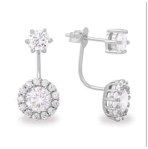 .925 Sterling Silver Rhodium Plated Cz Halo Hanging Earring