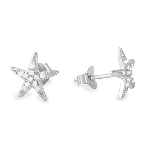 .925 Sterling Silver Rhodium Plated Cz Star Earrings