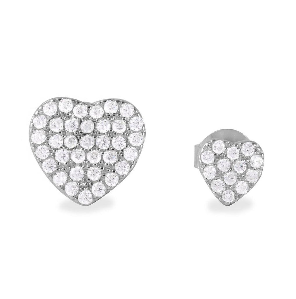 .925 Sterling Silver Rhodium Plated Cz Encrusted Small And Large Heart Earrings