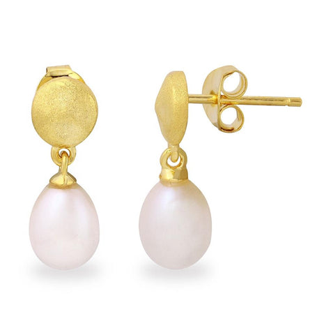 .925 Sterling Silver Matte Finish Gold Plated Disc With Hanging Fresh Water Pearl Earrings