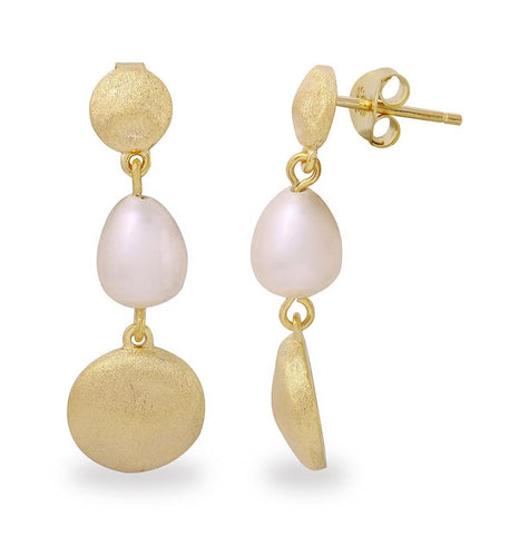 .925 Sterling Silver Gold Plated Disc With Hanging Fresh Water Pearl Earrings