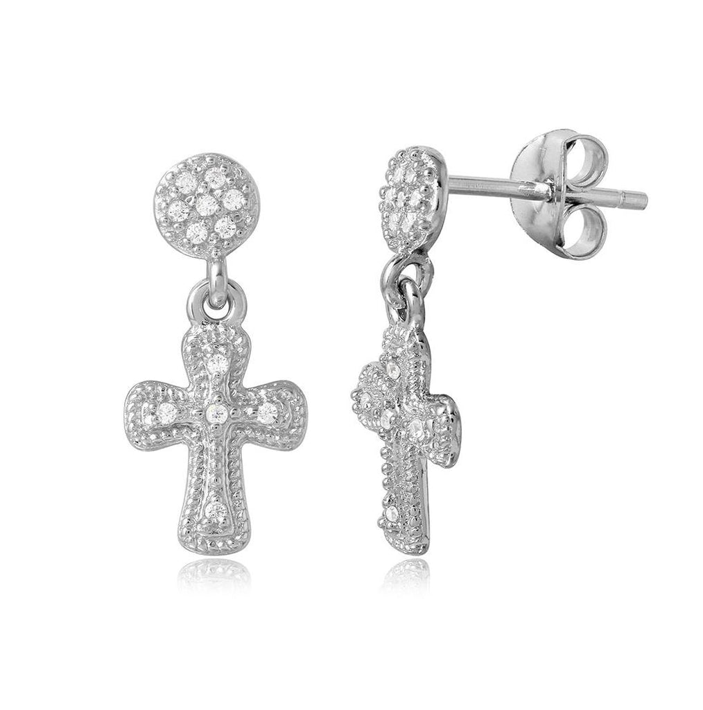 .925 Sterling Silver Rhodium Plated Hanging Cross Cz Earrings