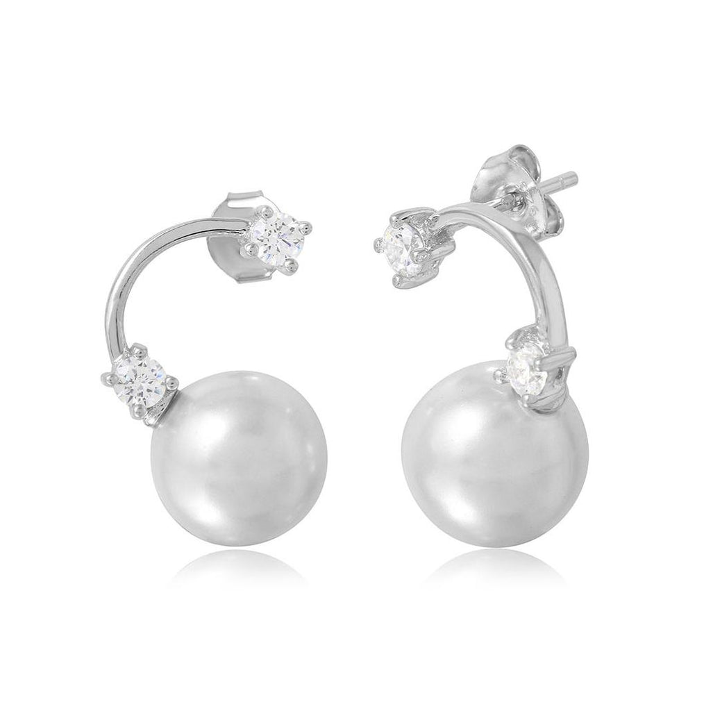 .925 Sterling Silver Rhodium Plated Hanging Synthetic Pearl Earring With Cubic Zirconia Stones