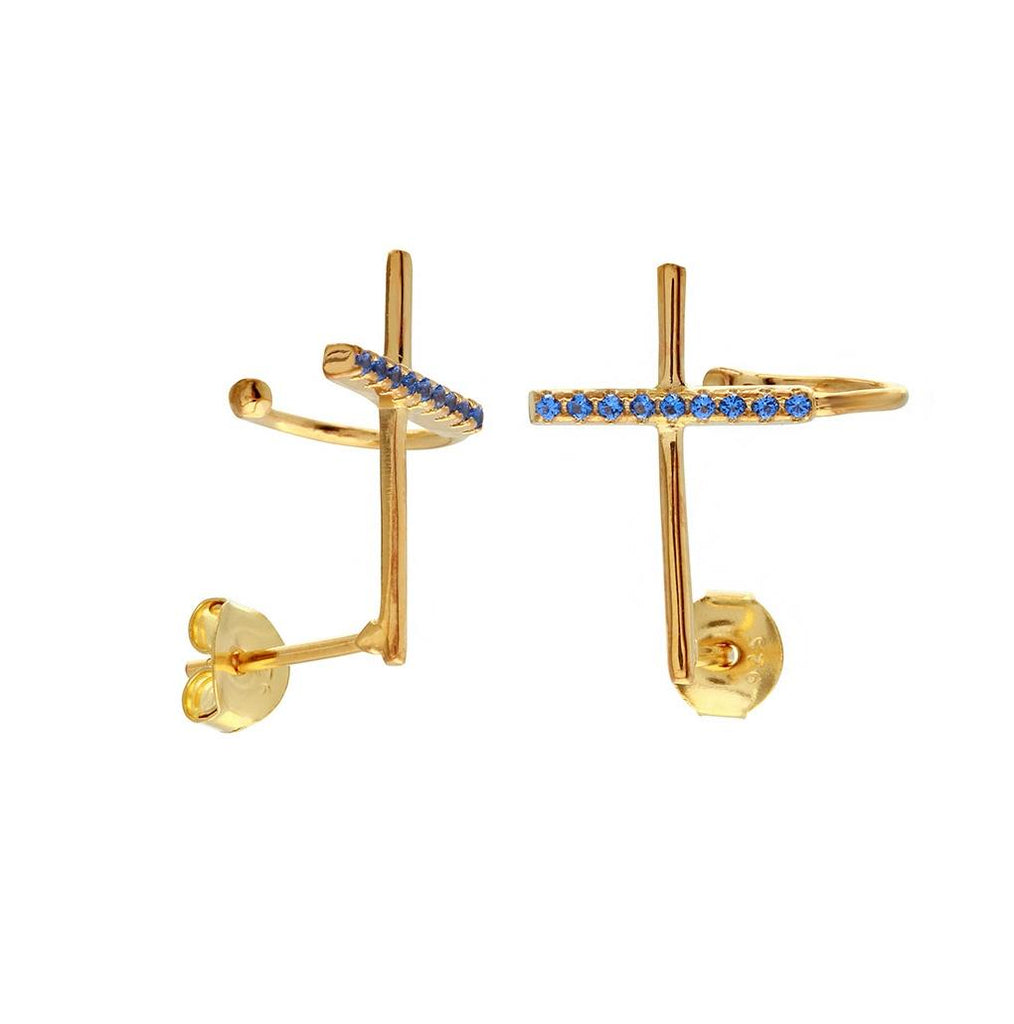 .925 Sterling Silver Gold Plated Climbing Cross Earrings With Blue Cz Stones