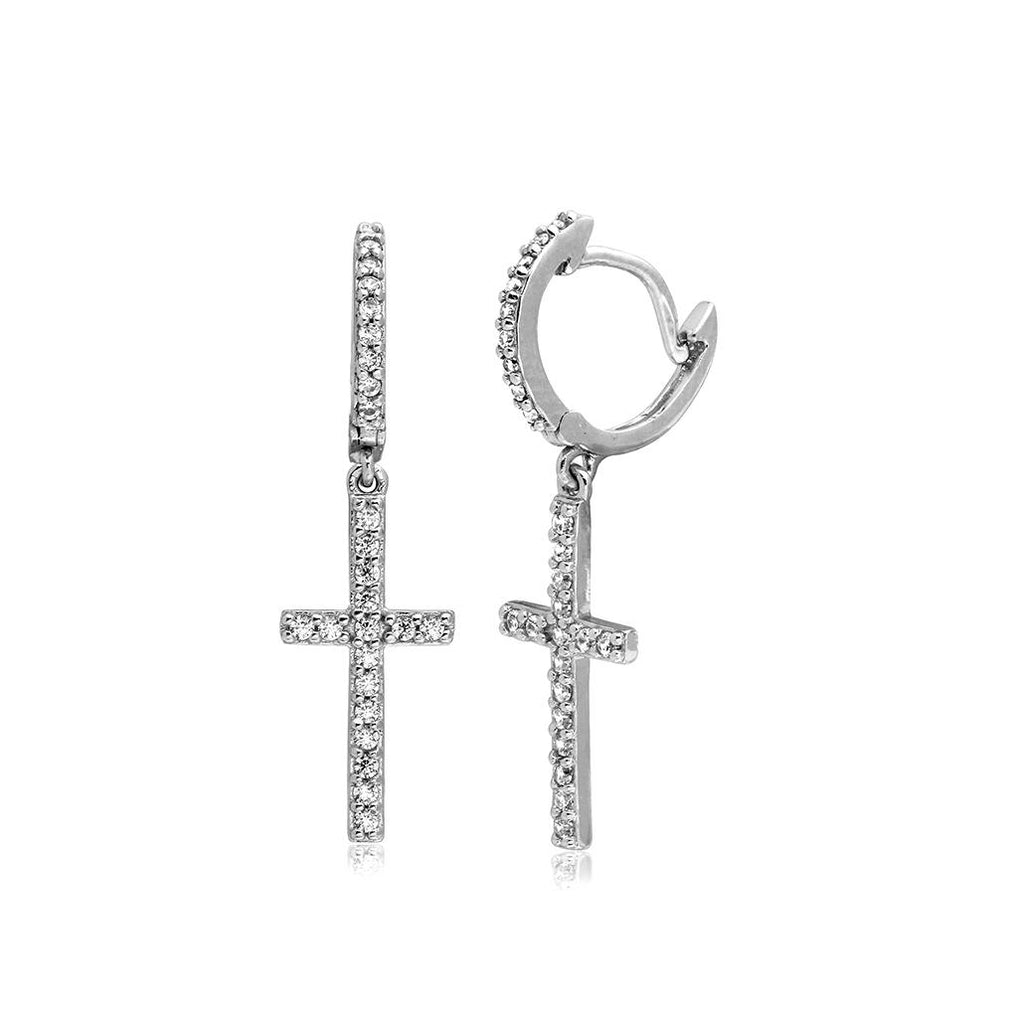 .925 Sterling Silver Rhodium Plated Hanging Cz Cross Huggie Earrings