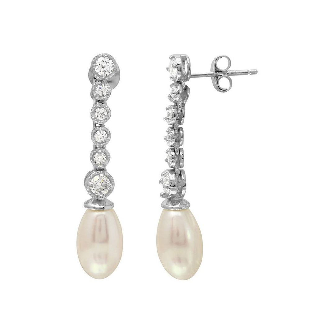 .925 Sterling Silver Rhodium Plated Bubble Dangling Earrings With Fresh Water Pearl