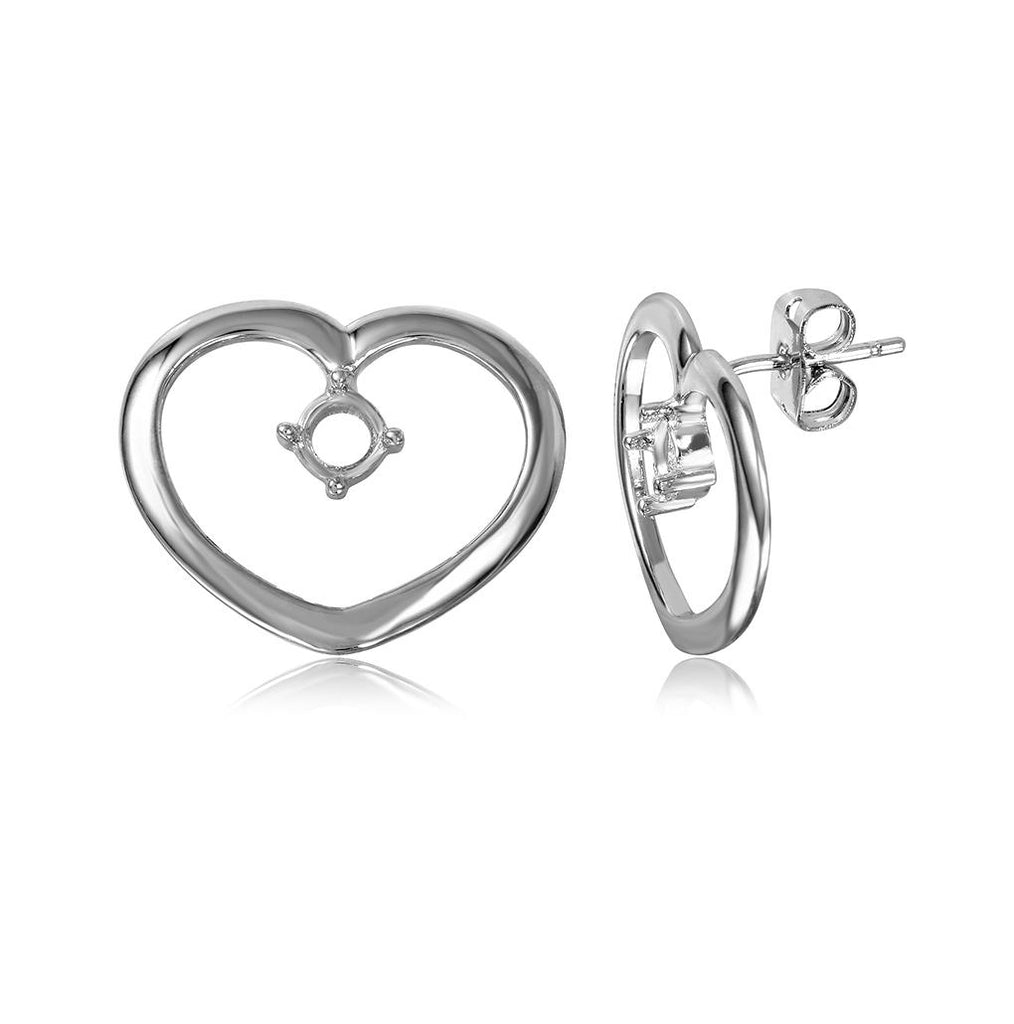 .925 Sterling Silver Rhodium Plated Personalized Open Heart Mounting Earrings