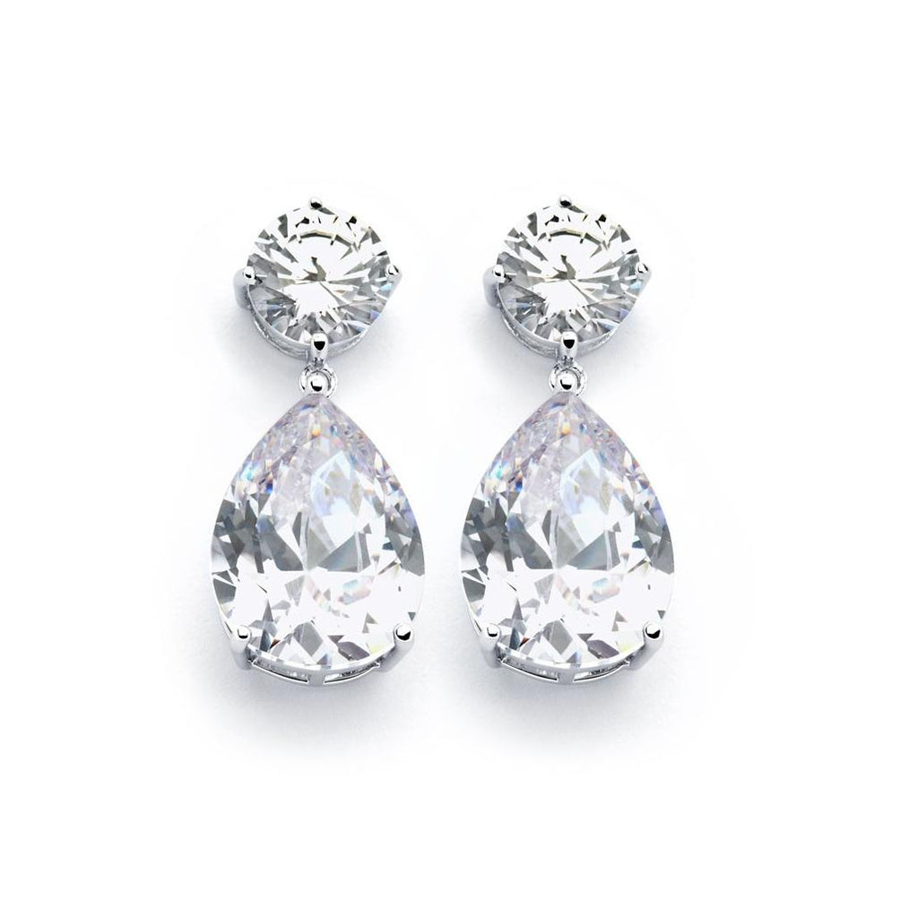 .925 Sterling Silver Rhodium Plated Round Teardrop Clear Cz Dangling Earring