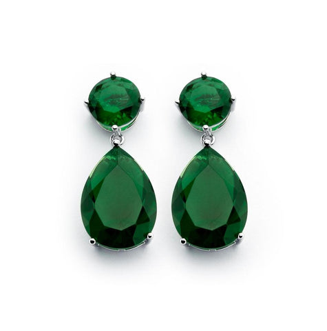 .925 Sterling Silver Rhodium Plated Round Teardrop Green Cz Dangling Earring