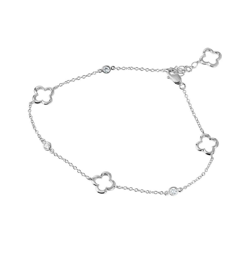 .925 Sterling Silver Rhodium Plated Open Flower Anklet