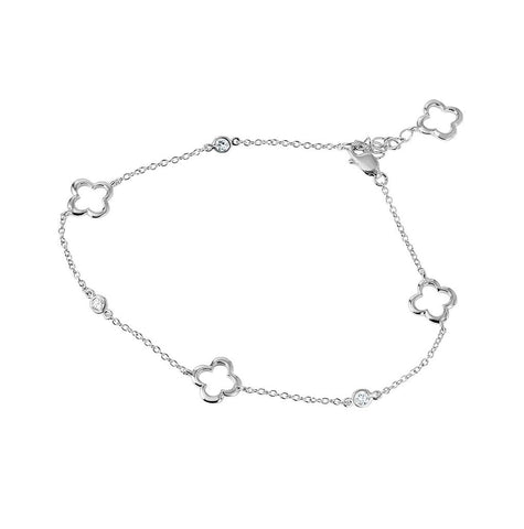 .925 Sterling Silver Rhodium Plated Open Flower Anklet