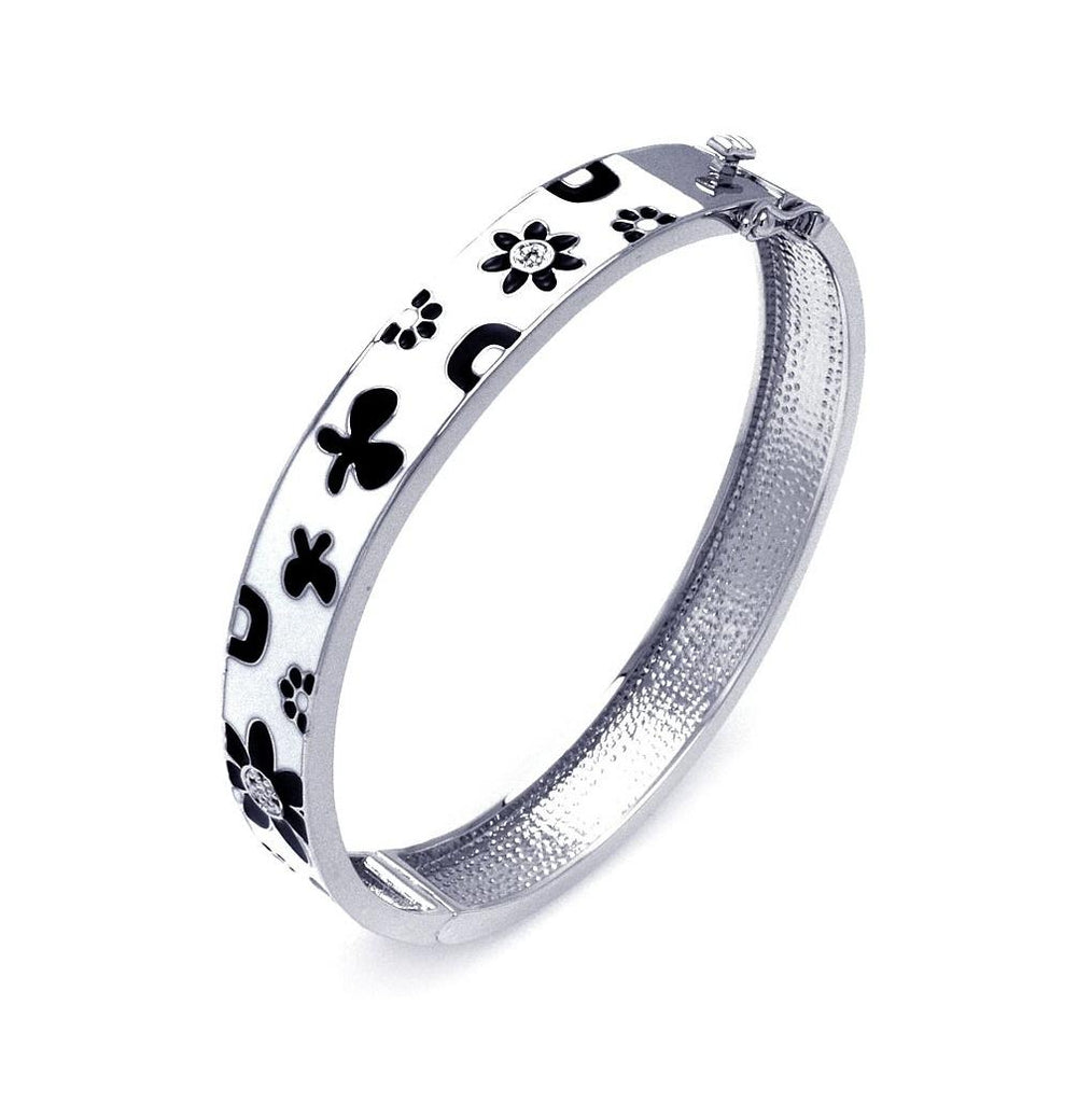 .925 Sterling Silver Rhodium Plated White Enamel Flower Design Cz Bangle Bracelet