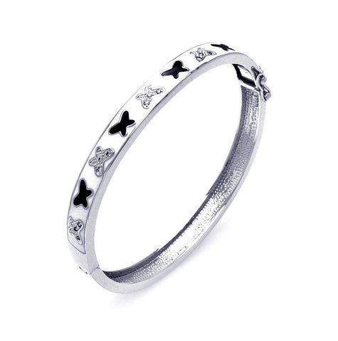 .925 Sterling Silver Rhodium Plated White Enamel Butterfly Design Cz Bangle Bracelet