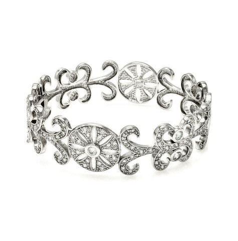 .925 Sterling Silver Rhodium Plated Flower Design Cz Bangle Bracelet