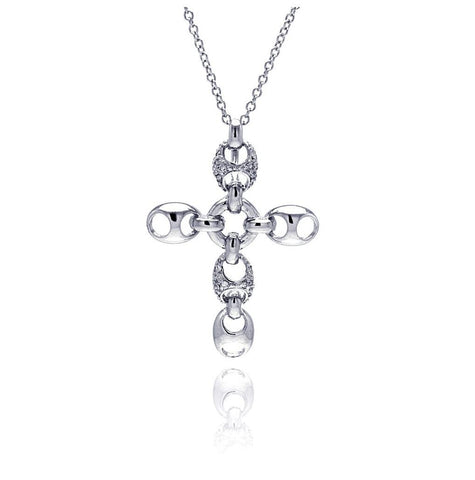 .925 Sterling Silver Rhodium Plated Open Oval Clear Cz Cross Pendant Necklace