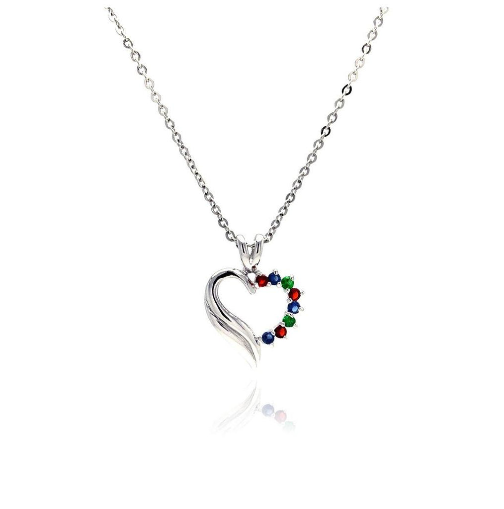 .925 Sterling Silver Multi Color Cz Rhodium Plated Heart Pendant Necklace