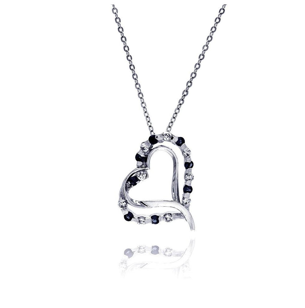 .925 Sterling Silver Black And Clear Cz Rhodium Plated Double Heart Pendant Necklace