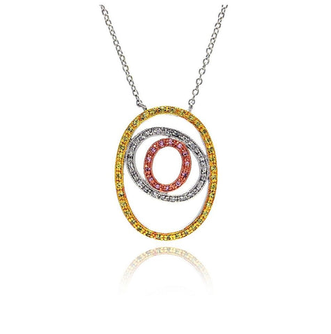 .925 Sterling Silver Rhodium Plated Open Double Circle Multicolor Cz Necklace