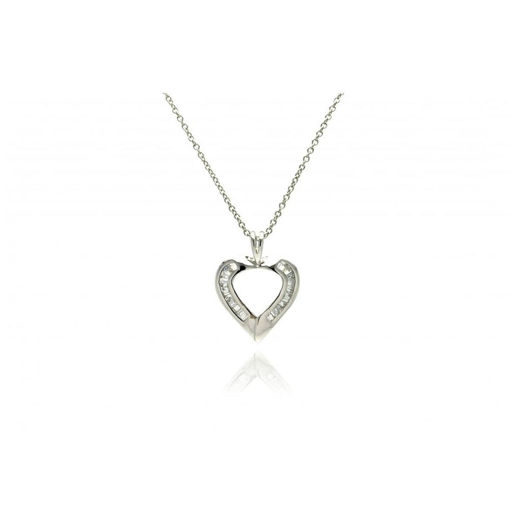 .925 Sterling Silver Clear Baguette Cz Rhodium Plated Heart Pendant Necklace