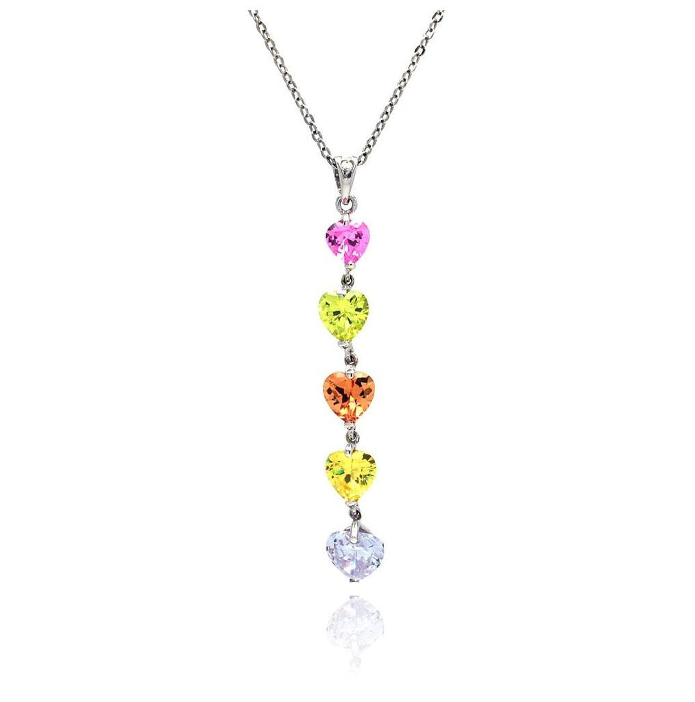 .925 Sterling Silver Multi Color Cz Rhodium Plated 5 Heart Pendant Necklace