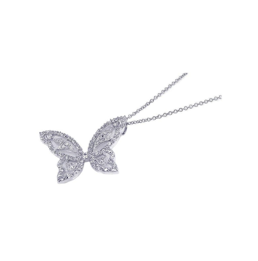 .925 Sterling Silver Clear Cz Rhodium Plated Butterfly Pendant Necklace