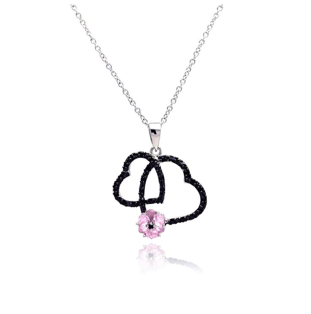 .925 Sterling Silver Black Rhodium Plated Open Double Heart Cz Pink Pearl Necklace