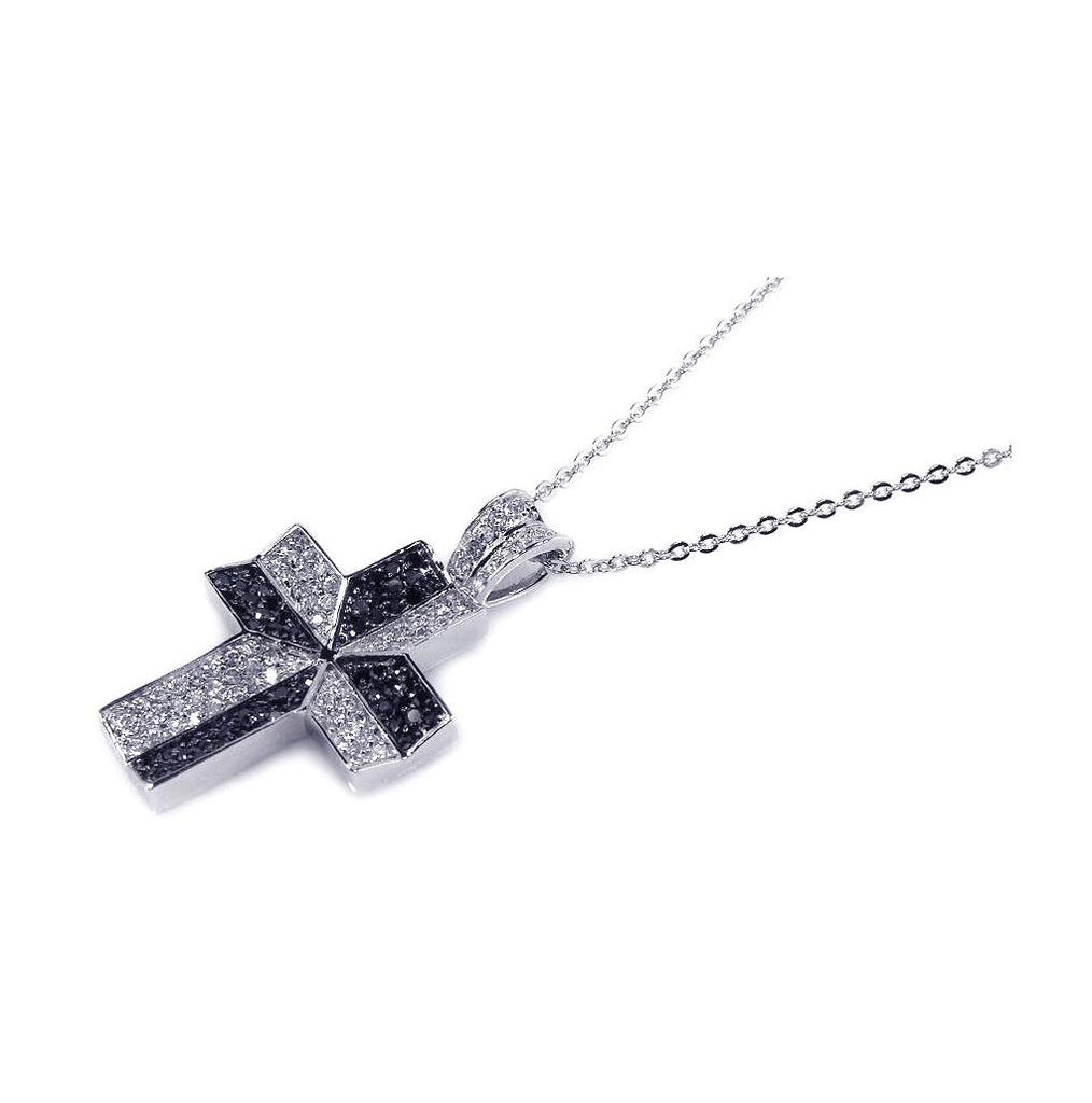 .925 Sterling Silver Black And Clear Cz Black Rhodium Plated Cross Pendant Necklace